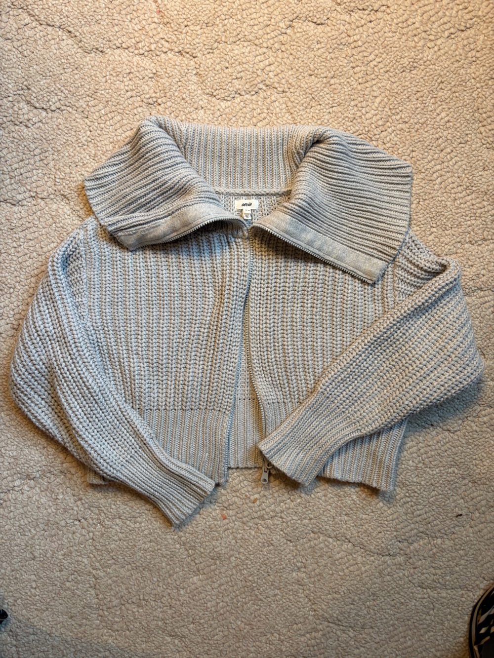 Zip-Front Chunky Knit Sweater - Light Gray